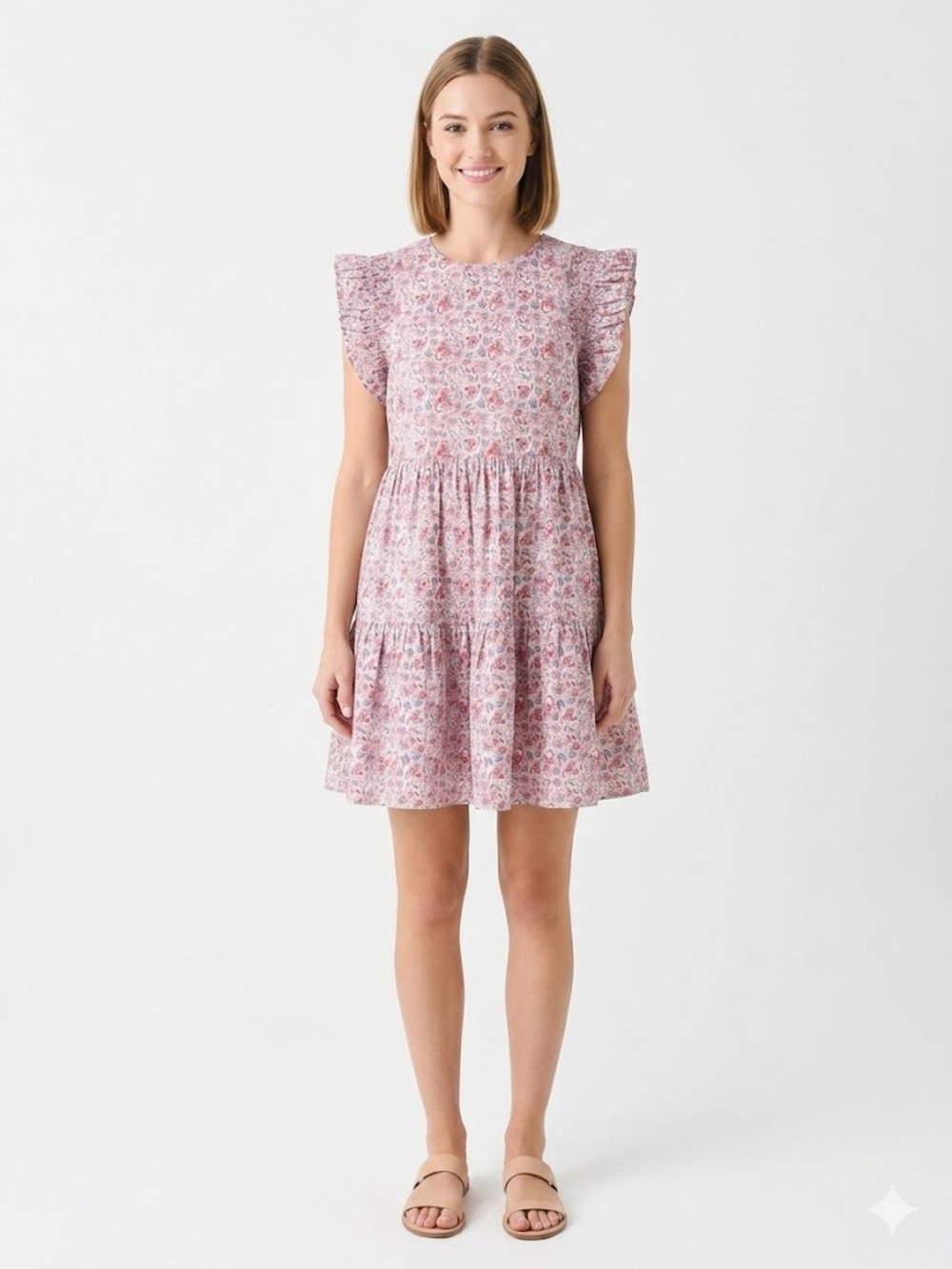 English Factory Floral Tiered Babydoll Dress Flutter Ruffle Sleeve Pink